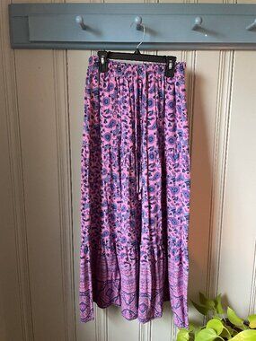 ZESICA Pink Boho Floral Tiered Maxi Skirt Small Elastic Waist